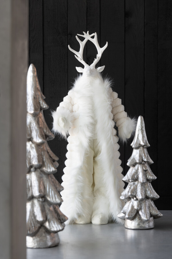 Căprioară decorativă în picioare, cu haină, din poliester, albă, mărime S (26x15x76 cm)