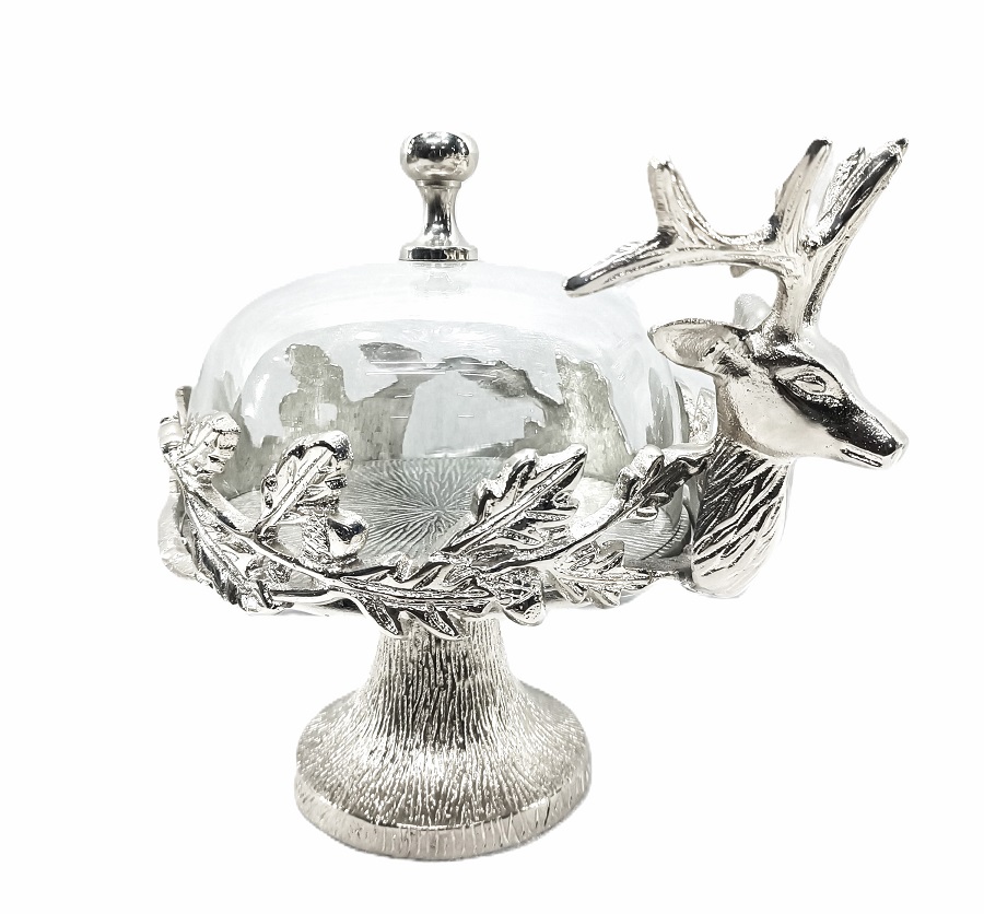 Platou rotund pe suport, finisaj nichel mat „Cerf”, cu capac de sticlă, D21x26,5 cm 