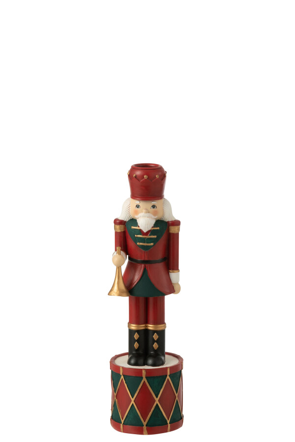 Suport de lumânare decorativ Nutcracker din rășină, roșu/verde, mărime S (7,5x7,5x25,5 cm)