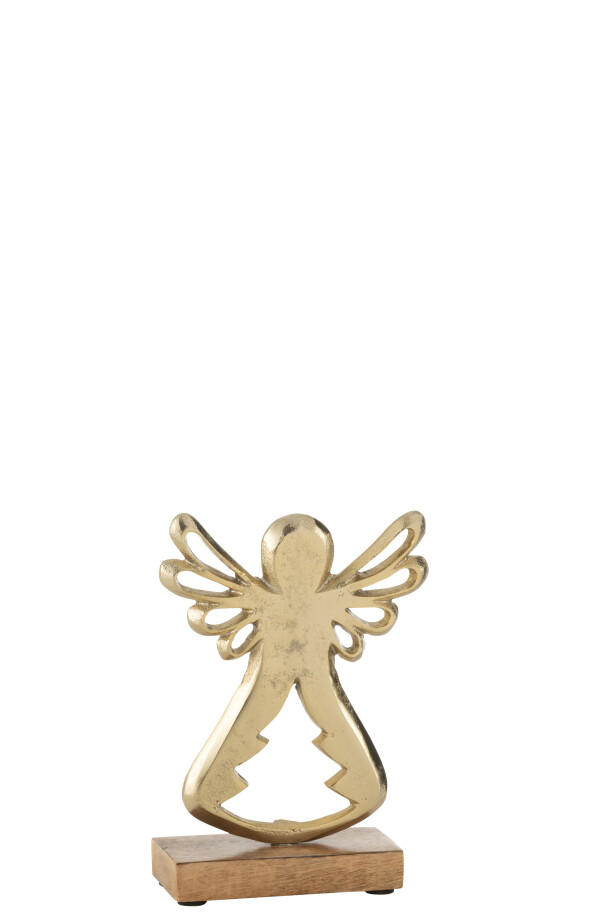 Înger decorativ pe suport din aluminiu și lemn, auriu, mărime S (12,5x5x16,5 cm)