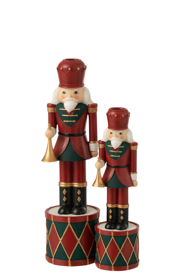 Suport de lumânare decorativ Nutcracker din rășină, roșu/verde, mărime L (9x9,5x32,5 cm)